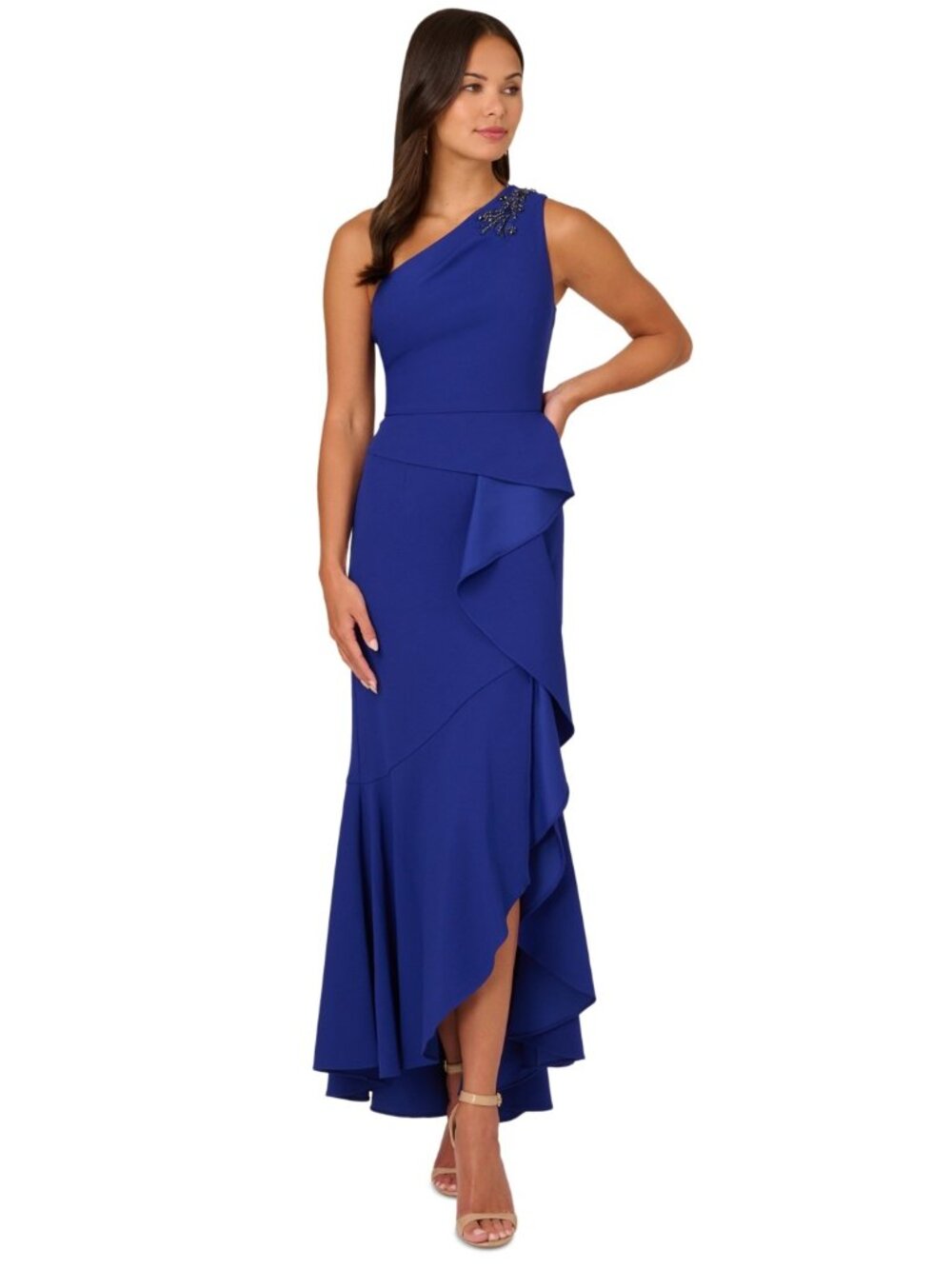 Adrianna Papell Women's Beaded One-Shoulder Crepe Gown Size 16